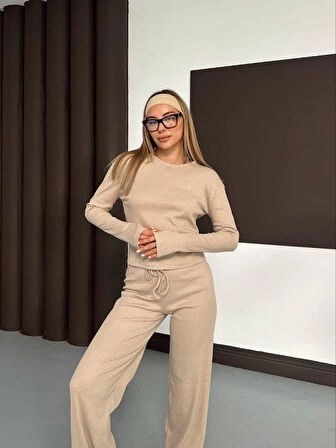 Kadın Bisiklet Yaka Parmak Geçme Detay Uzun Kollu Bluz Ve Pantolon Ikili Takım