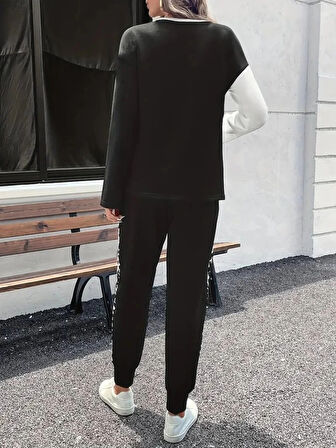 Kadın Uzun Kollu Bisiklet Yaka çift Renkli Viskon Iki Iplik Bluz Ve Pantolon Ikili Takım