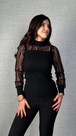 Kadın Uzun Kollu Bisiklet Yaka Kolları Tül Detay Kaşkorse Kumaş Bluz