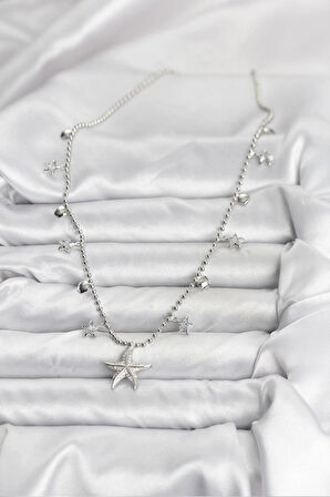 Pirinç Gümüş Renk Zirkon Taşlı Deniz Yıldızı Model Kadın Kolye