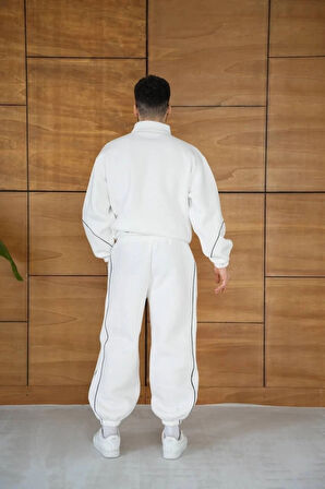 Erkek Premium Parçalı Eşofman Takım - Dik Yaka Fermuarlı Biyeli Sweatshirt Lastik Paça Alt, Oversize 3 Iplik Şardonlu - Beyaz
