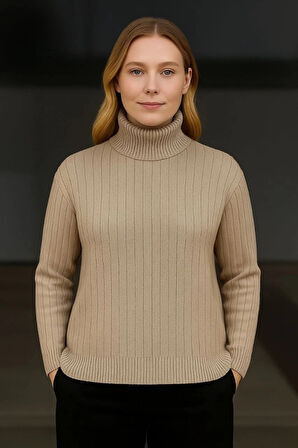 Balıkcı Yaka Bağazlı Triko Kazak Pamuklu Kalın Fitilli Dokuma - Bej