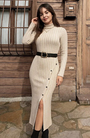 Kadın Uzun Kollu Balıkçı Yaka Yırtmaçlı Düğmeli şardonlu Kaşkorse Elbise