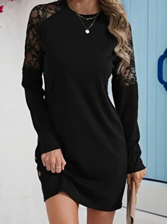 Kadın Uzun Kollu Bisiklet Yaka Dantel Detaylı Visk8n Iki Iplik Düğmeli Mini Elbise