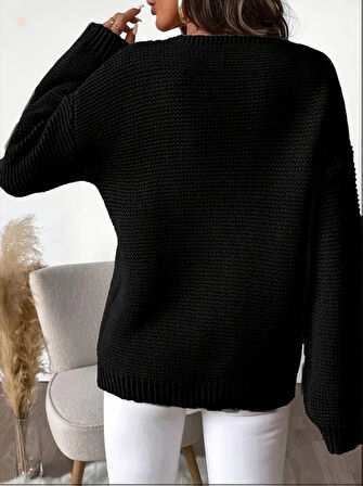 Kadın Uzun Kollu V Yakalı Düğmeli Triko Bluz