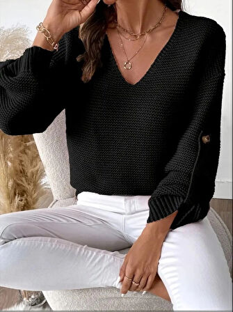 Kadın Uzun Kollu V Yakalı Düğmeli Triko Bluz