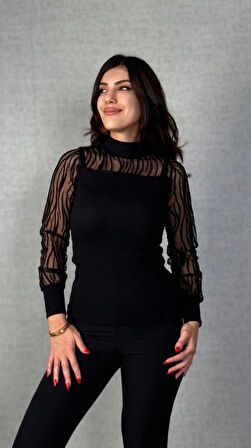 Kadın Uzun Kollu Bisiklet Yaka Kolları Tül Detay Kaşkorse Kumaş Bluz