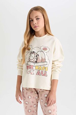 DeFacto Kız Çocuk Pijama Takım Garfield Sweatshirt Üst Desenli Beli Lastikli Uzun Alt D6061A824WNBG759