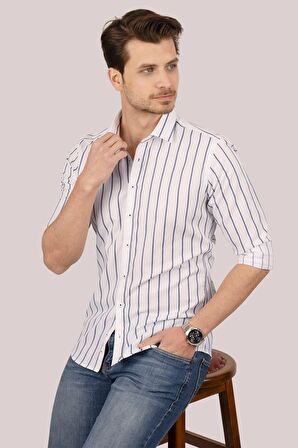 Beyaz Lacivert Çizgili Slimfit   Gömlek