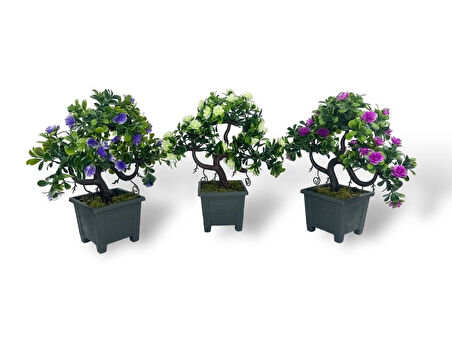 3lü Set Yapay Çiçek Bonsai Ağacı Çiçekli Model Dekoratif Yapay Ağaç Bonzai 30*15 CM Siyah Kare Saksıda