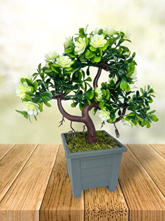 3lü Set Yapay Çiçek Bonsai Ağacı Çiçekli Model Dekoratif Yapay Ağaç Bonzai 30*15 CM Siyah Kare Saksıda