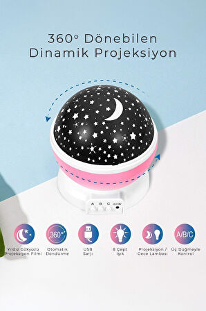 Kamp-Çadır Çocuk Odası Pilli Usbli Yıldız Gökyüzü Projeksiyonlu Star Master Gece Lambas
