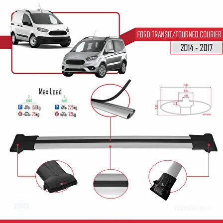 Ford Transit/Tourneo Courier Pre-Facelift 2014-2017 Arası ile Uyumlu FLY Model Ara Atkı Tavan Barı Gri 2 Adet