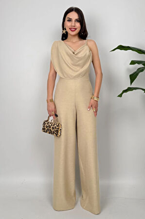 Élan Kadın Taş Drapeli Detaylı Tulum – Dokulu Kumaş Şıklığı