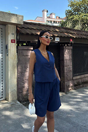 Vera Kadın Lacivert Bermuda Şortlu Takım – Yazlık Rahat Tasarım