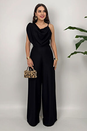 Élan Kadın Siyah Drapeli Detaylı Tulum – Dokulu Kumaş Şıklığı