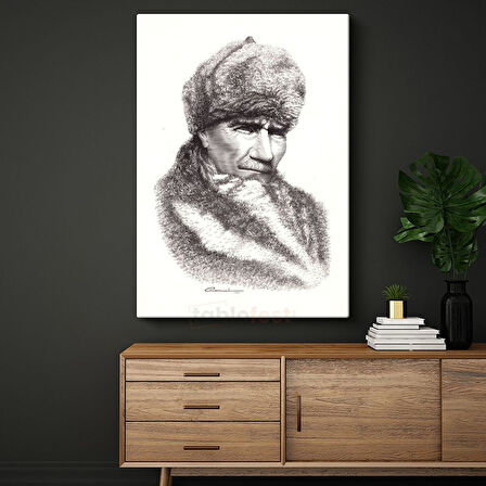 Kürklü Atatürk - Karakalem Kış Portresi Kanvas Tablo
