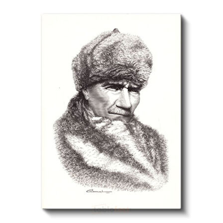 Kürklü Atatürk - Karakalem Kış Portresi Kanvas Tablo
