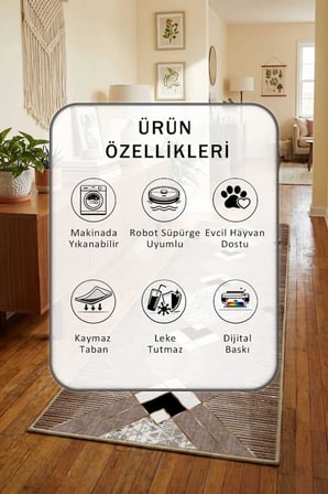 Repato Kahve Yıkanabilir Kaymaz Taban Dijital Baskılı Yolluk Halı