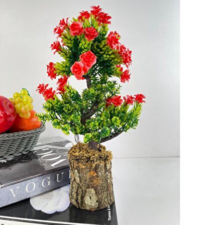 Bonsai Dekoratif Yapay Ağaç Kırmızı Güllü Top Kafalı Bonzai 30CM