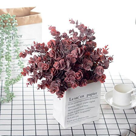 Yapay Çiçek Okaliptus Şimşir Demeti Pudralı Pastel Bordo Garnitür Aradal Dekoratif Yapay Bitki