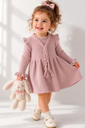 %100 Organik Triko Kız Bebek Çocuk Kemerli Elbise 32125