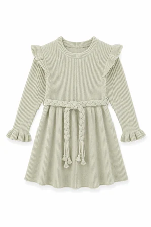 %100 Organik Triko Kız Bebek Çocuk Kemerli Elbise 32125