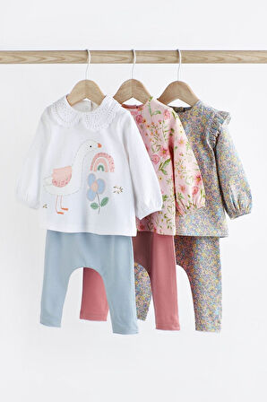 Next Baby % 100 Pamuklu Pembe Krem Çiçek Ördek Desenli 3’lü Alt Üst Takım