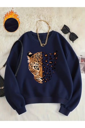 Unisex Leopar Desenli Kaplan Baskılı Bisiklet Yaka Sweatshirt