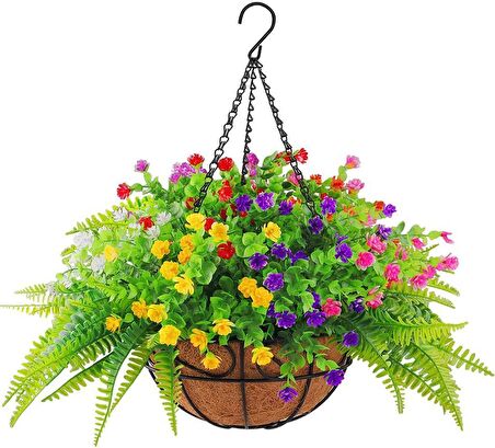 Yapay Çiçek Sarkaç Askılı Makreme Sepette Renkli Mineli Şimşir Ve Boston Yeşillik Çiçek Sepeti