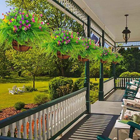 Yapay Çiçek Sarkaç Askılı Makreme Sepette Renkli Mineli Şimşir Ve Boston Yeşillik Çiçek Sepeti