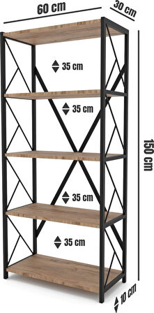 Morpanya Sera Metal Kitaplık 5 Raflı Çok Amaçlı Dosya Kitap Rafı Ofis Salon Mutfak Raf 150 cm Ceviz