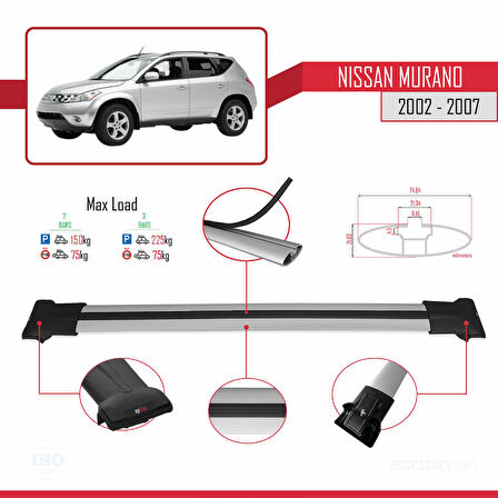 Nissan Murano 2002-2007 Arası ile Uyumlu FLY Model Ara Atkı Tavan Barı Gri 2 Adet