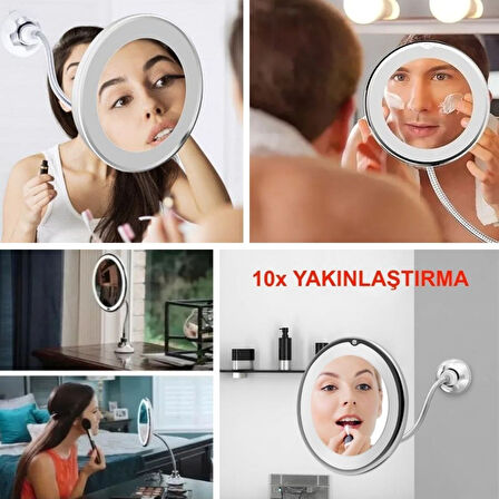 BUFFER® 360° Döner Esnek Makyaj Aynası - 10X Büyüteçli, Güçlü Vantuzlu Detay Görüntüleme Çok Açılı Makyaj & Cilt Bakım Aynası