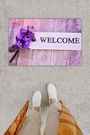 Dijital Baskı Dekoratif Welcome Lila Kapı Önü Paspası K-1254