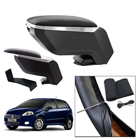 Lüks Set Fiat Grande Punto 2008 Delmesiz Çelik Ayaklı Gri-Siyah Kolçak Kol Dayama, Direksiyon Kılıfı