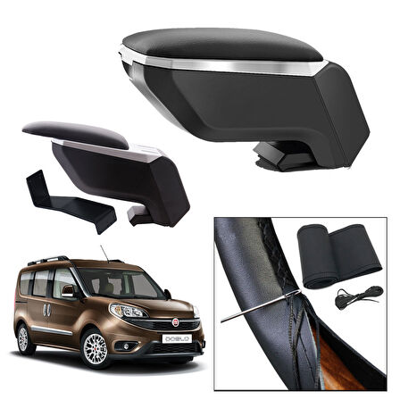 Lüks Set Fiat Doblo 2 2016 Delmesiz Çelik Ayaklı Gri-Siyah Kolçak Kol Dayama, Direksiyon Kılıfı