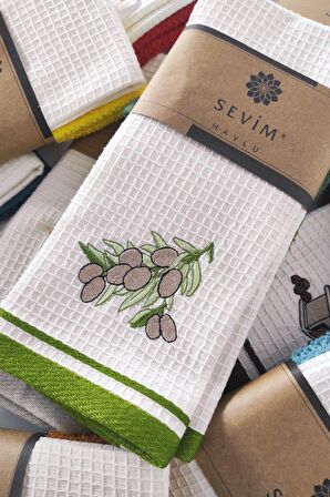 Sevim 2’li Mutfak Havlusu Seti - Ekru Ve Yeşil Renk - Zeytin Figürlü Pamuk 40x60 Cm