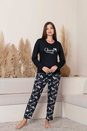 Kadın Bisiklet Yaka Düğmesiz Dökümlü Viskon Mevsimlik Uzun Kollu Cepli Pijama Takımı