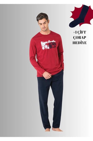 %100 Pamuklu Bisiklet Yaka Uzun Kol Düz Paça Pijama Takımı (Çorap Hediyeli)