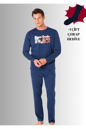 %100 Pamuklu Bisiklet Yaka Uzun Kol Düz Paça Pijama Takımı (Çorap Hediyeli)