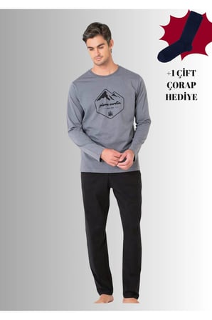 %100 Pamuklu Bisiklet Yaka Uzun Kol Duz Paca Pijama Takimi (Corap Hediyeli)