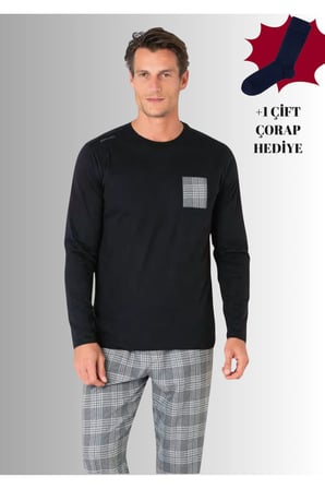 %100 Pamuklu Bisiklet Yaka Uzun Kol Duz Paca Pijama Takimi (Corap Hediyeli)