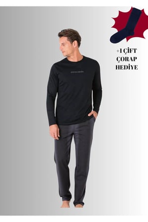 %100 Pamuklu Bisiklet Yaka Uzun Kol Duz Paca Pijama Takimi (Corap Hediyeli)