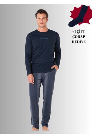 %100 Pamuklu Bisiklet Yaka Uzun Kol Duz Paca Pijama Takimi (Corap Hediyeli)