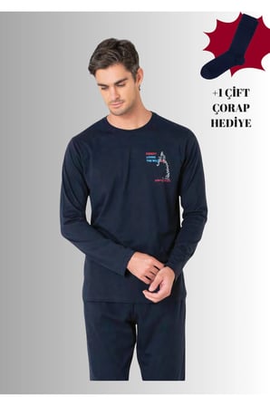 %100 Pamuklu Bisiklet Yaka Uzun Kol Duz Paca Pijama Takimi (Corap Hediyeli)