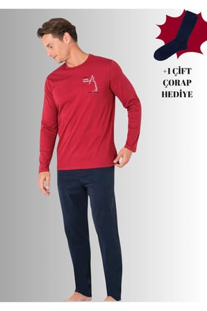 %100 Pamuklu Bisiklet Yaka Uzun Kol Duz Paca Pijama Takimi (Corap Hediyeli)