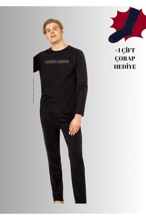 %100 Pamuklu Bisiklet Yaka Uzun Kol Duz Paca Pijama Takimi (Corap Hediyeli)