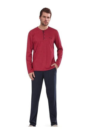 Erkek Bordo Pamuklu Likralı Penye Kutulu Erkek Çizgili Çeyizlik Pijama Takımı QP5K6E5K6R