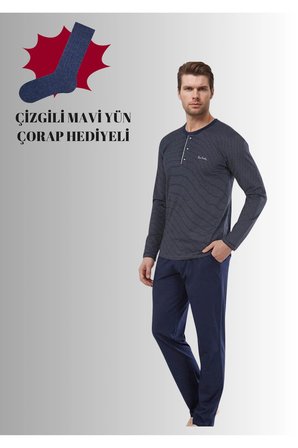 Erkek Lacivert Pamuklu Likralı Penye Kutulu Erkek Çizgili Çeyizlik Pijama Takımı QP5K6E5K6R